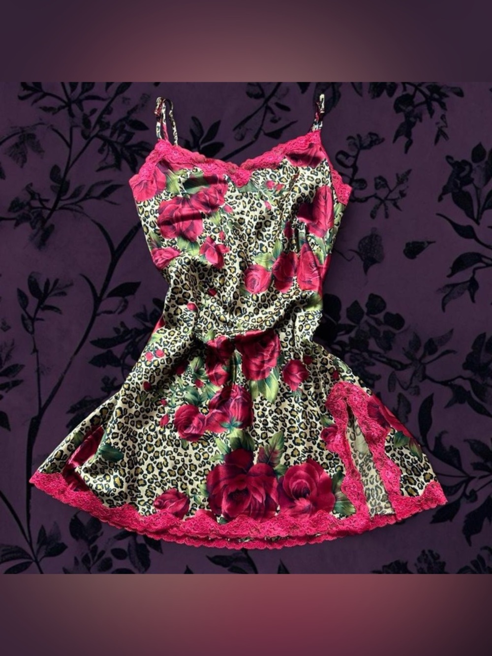 Victoria's Secret Red Rose & Leopard Satin Slip with Pink Lace